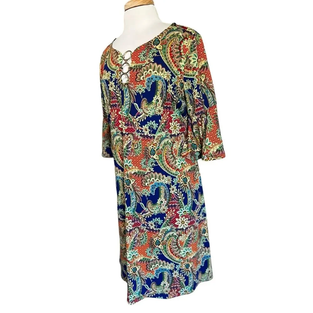 Ellen Weaver MIDI Dress Colorful Indie Boho 3/4 Flutter Sleeve Womens L